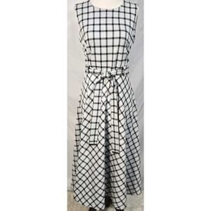 Calvin Klein Midi Dress Gray Windowpane Plaid Black Belted A Line Sleeveles